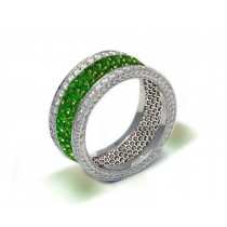 Latest Collection: Delicate Halo Micropave Side Accents Green Emeralds & Diamonds Eternity Rings
