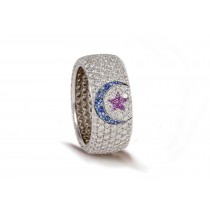 High Quality French pavee Multi-Colored Sapphire & Brilliant-Cut Round Diamond Moon & Stars Eternity Rings & Bands