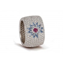 Delicate French pavee Sparkling Brilliant-Cut Round Diamonds & Vivid Multi-Colored Precious Stones Eternity Rings & Bands Featuring Celestial Moon & Stars