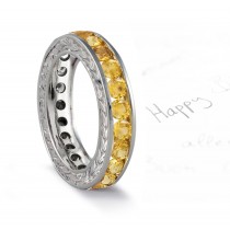Gold Yellow Sapphire Engraved Wedding Bands