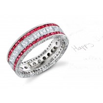 Square Diamond Wedding Band with Two Rows of Rubies & Engraved Sides
