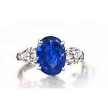 Custom Manufactured Three Stone Pear-Shaped Diamonds & Oval Blue Sapphire Ring