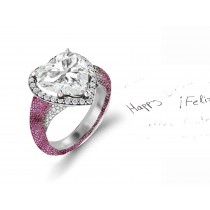 Custom Manufactured Precision Set Pave Halo Brilliant Round & Heart Diamonds & Pink Sapphire Rings