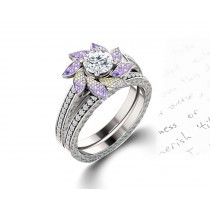 Delicate Micro Pave Halo Vivid Flower Rainbow Sapphires & Brilliant-Cut Round Diamonds Designer Engagement Rings