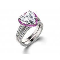 Delicate Micro Pave Halo Vivid Pink Sapphires & Brilliant-Cut Round Diamonds Designer Engagement Rings