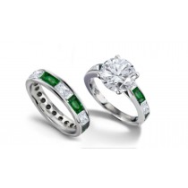 Variety of Designs: Beautiful Solid Round Emerald & Diamond Three-Stone Ring in 14k White Gold & Platinum