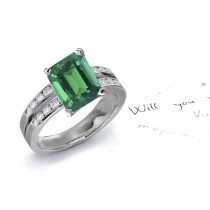 Genuine Emerald Cut Emerald & Round Diamond & Platinum Chevron Ring in Size 3 to 8