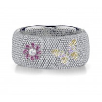 Delicate French pavee Sparkling Brilliant-Cut Round Diamonds & Vivid Multi-Colored Precious Stones Eternity Rings & Bands Featuring Vintage Flowers & Butterflies