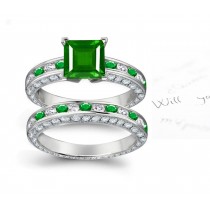 A Varying Collection: Positive Touching Gold & Square Gorgeous Emerald Diamond Halo Ring & Diamond Emerald Halo Band Available Women