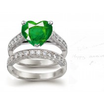 LATEST PRODUCTS: Heart Emerald Cathederal Solitaire Ring & Engraved Diamond Band