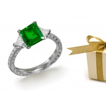 Three-stone Diamond Rings: Gold & Trillion Diamond & Princess Cut Emerald Antique 3 Stone Platinum Ring