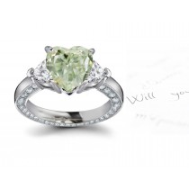 Center Heart Green Diamond & Heart White Diamonds Accents Three Stone Engagement Ring in Platinum & White Gold