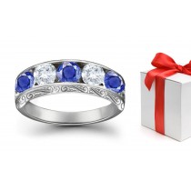 Blue Sapphire With White Diamond Five Stone Rings