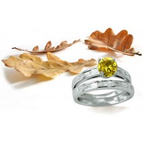 Yellow Diamond Rings: Platinum Yellow Round Diamond and White Bagguette Diamonds Engagement Rings