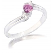 Round Pink Sapphire 3 Stone Sapphire true Art piece Ring with Round Diamonds in 14k White Gold 