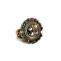 For Radiance & Illumination: Olivine and Hematite Crystal Ruby Emerald Sapphire Diamond Medallion Ring in Gold