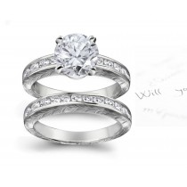Antique Style Diamond Engagement & Wedding Floral Scrolls & Motifs Ring and Band in Platinum