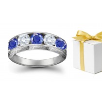 Blue Sapphire With White Diamond Five Stone Rings