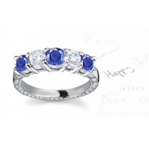 5 Stone Diamond & Sapphire Anniversary Halo Gold Ring