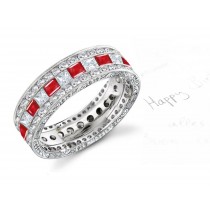 Square Ruby Diamond Band with Two Rows of Diamonds Engraved Sides