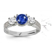 Sappir Sappheiros Sapphirius Genuine 3 Stone Blue Sapphire & Diamond Engagement Ring