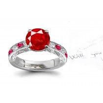 Diamonds in Unique Designs: Round Vivid Red Ruby Diamond Valentines Day Gold Ring with Ancient Style Rich Engraving Information Details Saving