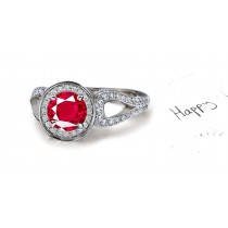 Latest Designs: Striking Shades & Hues Crimson Red Ruby in Diamond Frame held aloft by Curved Split Shank Inserted As Part of Ring Body