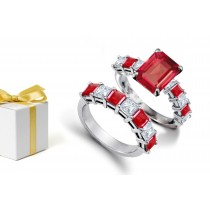 Large top stone 1.0 ct Emerald Cut Ruby head atop drop Princess Cut Ruby & Diamond Ring Shoulders & Gold Band