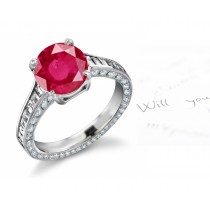 Distinguishing Mark: Timeless Design Round Ruby & Baguette Diamond Ring with Diamond Decorated Inserted on Gold Body Right & Left Sides