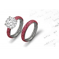 Specially Prepared: Round 0.75 ct Diamond atop Wide Pave Ruby Ring & Strong Enduring Platinum Wedding Band