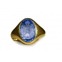 Long Shape Shadowy Depths Circle of Radiance: Ancient Rich Blue Color & Vibrant Burma Sapphire in Gold Signet Ring Depicting Head Eyes of a Royal Emblem