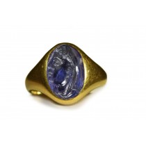 Ancient Rich Blue Color & Vibrant Burma Sapphire in Gold Signet Ring Depicting The Head A Roman Emporer To Render Exceptional Luck-Bringing