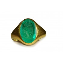 Ancient Rich Green Color & Vibrant Egypt Emerald Red Sea in Gold Signet Ring Depicting A The Figure of a Ram Engraved Ennchanes The Gems Value