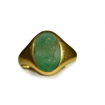 Daring Ancient Rich Green Color & Vibrant Egypt Emerald Red Sea in Gold Signet Ring Picture Depicting A Emporer Engraved To Enhance Gems