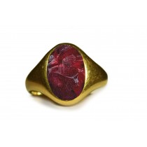 Ancient Signet Rings with Vibrant Burma Ruby in Gold Signet Ring Depicting the face mouth of a King Carved With High Degree of Artistic Skils