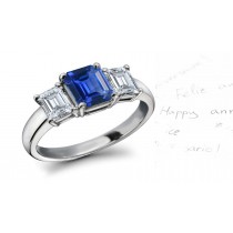 Strikingly Elegant: Simply Brilliant Three Stone Emerald Cut Blue Sapphire & Diamond Ring