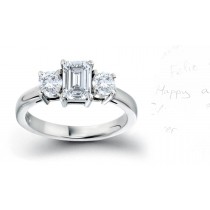 Three Stone Emerald Cut Diamond Side Round Diamonds Three Stone Anniversary Ring