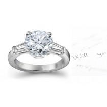 Center Round & Side Baguette Diamonds Three Stone Ring