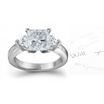 Three Stone Square Diamond & Side Heart Diamonds Three Stone Anniversary Ring