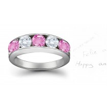 Five Stone Rings: Pink Sapphire Diamond Round Cut Half Eternity Bands. 