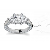 Center Square & Side Heart Diamonds Three Stone Ring