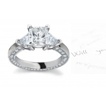 Center Square & Side Heart Diamonds Three Stone Ring