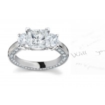 Center Square & Side Round Diamonds Three Stone Ring