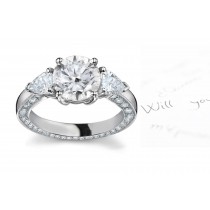 Center Round & Side Pears Diamonds Three Stone Ring