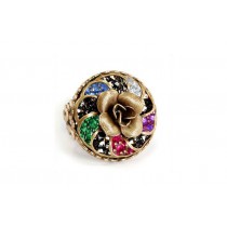 Large Pyrite Crystal Rocks Ruby Emerald Sapphire Diamond Amethyst and Bronze Flower Dome Ring