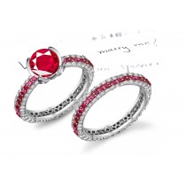 The Appropriate Design: Its Large 1.0 Round Ruby Placed on Top French Pave Set Rubies & Diamonds Set in Ring & Band