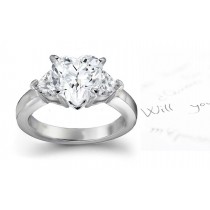 Diamond Anniversary Ring: Three-Stone Heart Diamond Rings in Platinum & 14K White Yellow Gold