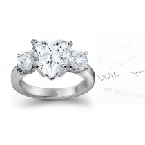 Three Stone Heart Diamond & Side Round Diamonds Three Stone Anniversary Ring