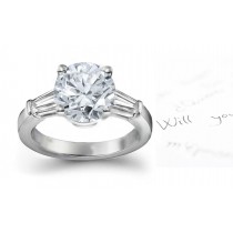 Center Round & Side Baguette Diamonds Three Stone Ring