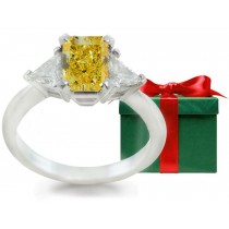 Anniversary Rings: Three Stone (Yellow White Diamond) Rings in Platinum